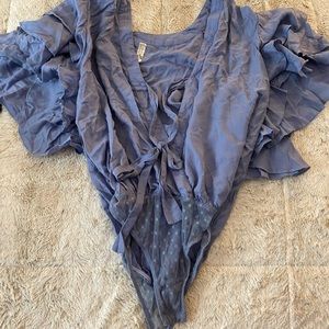 Free People Call Me Later Ruffle Plunge Bodysuit in Blue